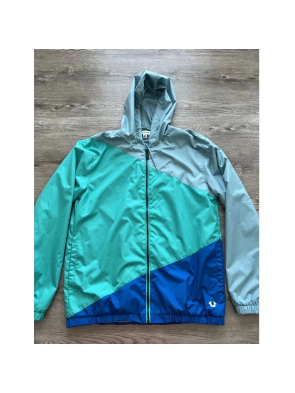 True Religion Windbreaker Jacket Mens M Teal Blue Green Full Zip Hooded
